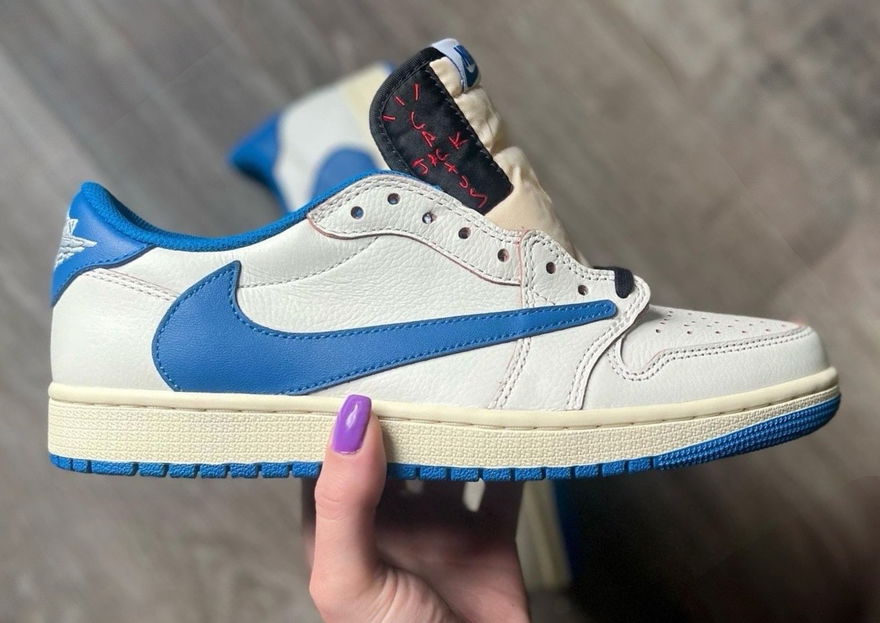 Travis Scott x Fragment x Air Jordan 1 Low Military Blue DM7866-104 In Hands